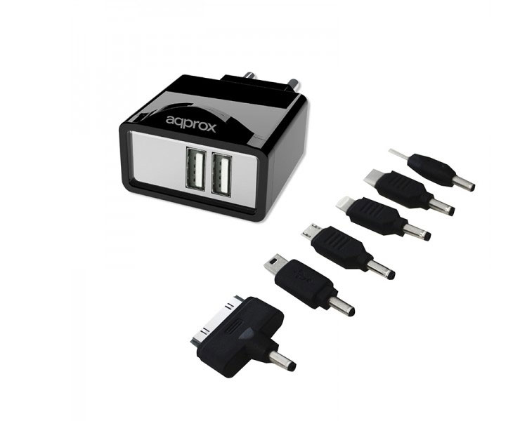 CARGADOR USB DE VIAJE/PARED DUAL+ 6 TIPS NEGRO APPROX