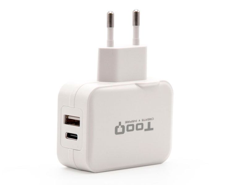 CARGADOR PARED DOBLE PUERTO USB-C USB A 27W BLANCO TOOQ