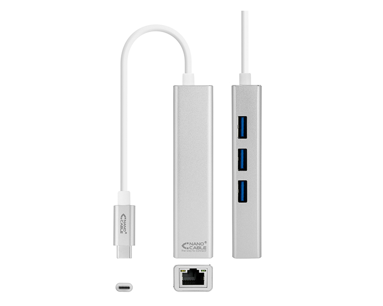 CONVERSOR USB-C A ETHERNET GIGABIT + 3xUSB 3.0 15cm PLATA NANOCABLE