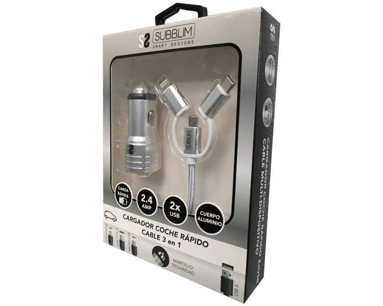 CARGADOR USB COCHE 2xUSB (2.4A) + CABLE 3EN1 PLATA SUBBLIM