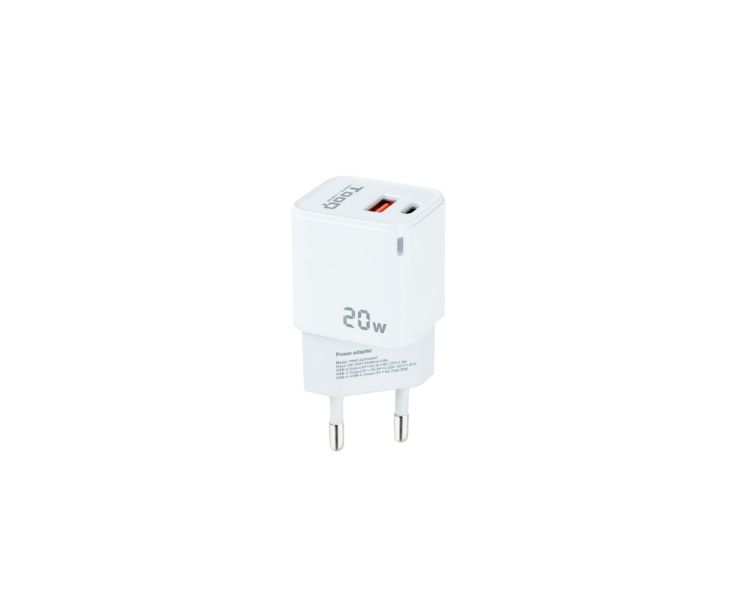 CARGADOR PARED/VIAJE USB-C/PD + USB-A/QC 20W BLANCO TOOQ
