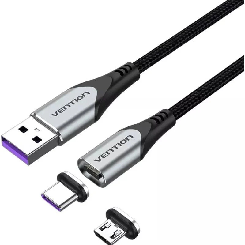 CABLE USB-A MAGNETICO CON ADAPTADOR MICROUSB/M USB-C/M 0.5 M GRIS VENTION