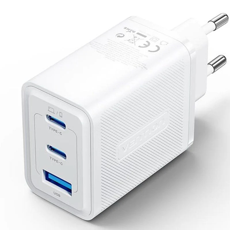 CARGADOR PARED GAN 65W 2xUSB-C/USB-A BLANCO VENTION