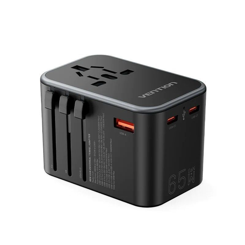 CARGADOR PARED UNIVERSAL TOMA DE CORRIENTE/2xUSB-C/USB-A 65W NEGRO VENTION