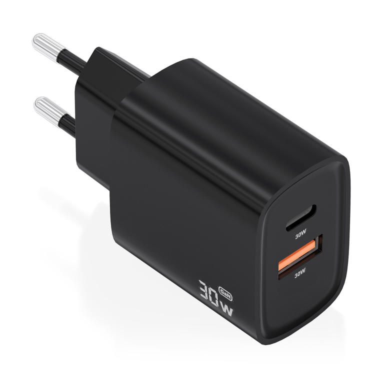 CARGADOR AISENS GAN 30W 1XUSB-C PD3.0 QC4.0 1XUSB-A QC3.0 NEGRO