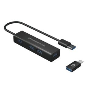 HUB USB 3.0 CONCEPTRONIC HUBBIES06B 4 PUERTOS USB 3.0 CON ADAPTADOR USB-C COLOR NEGRO CARCASA DE ALU