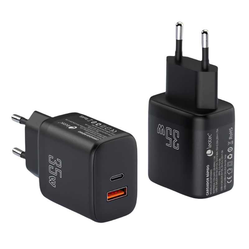 CARGADOR PARED/VIAJE USB-C PD+ 1 USB-A 35W NEGRO LEOTEC