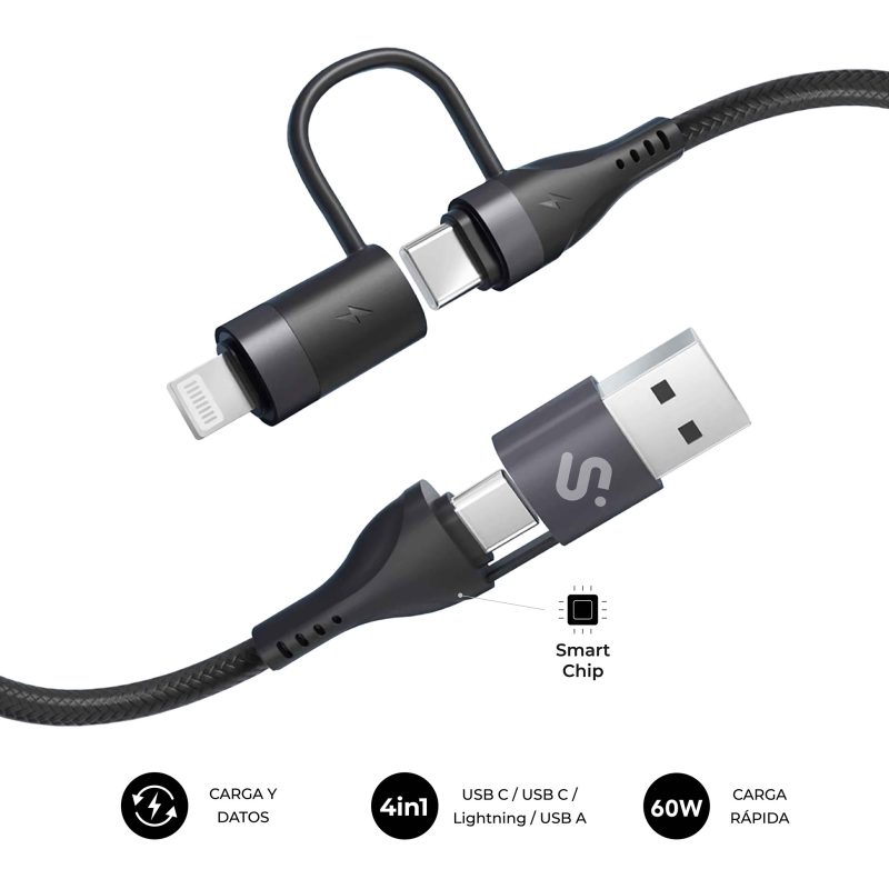 CABLE TOP 4 EN 1 60W USB-A/2xUSB-C/LIGHTNING 1 M NEGRO SUBBLIM