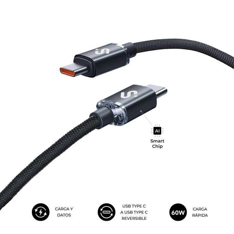 CABLE OPTIMUS 60W USB-C/USB-C 1 M NEGRO SUBBLIM