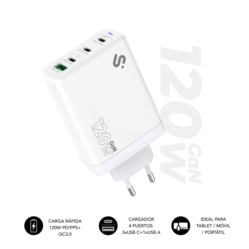 CARGADOR PARED/VIAJE 3xUSB-C + USB/A GaN 120W PD BLANCO SUBBLIM