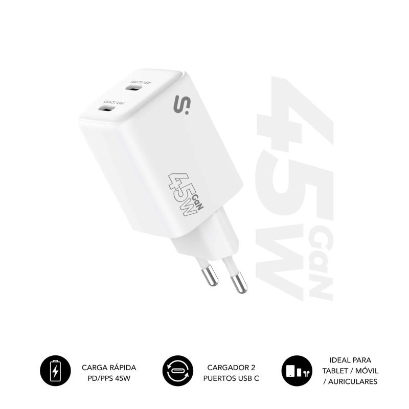 CARGADOR PARED/VIAJE 2xUSB-C GaN 45W PD BLANCO SUBBLIM